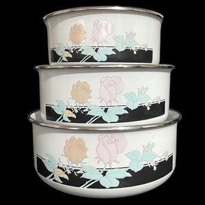 Vintage 1980s Kedaung Group Enamel Nesting Mixing Bowl Set (3) Memphis Style